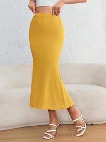 SHEIN PETITE CURVE Váy xòe đuôi cá màu trơn cỡ lớn cho nữ - Màu vàng - Xem 4