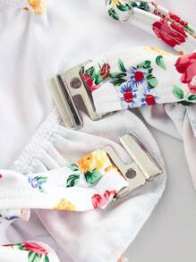 SHEIN MOD Pink Floral Hollow Out Splicing Scalloped Edge Swimsuit - Pink - View 3