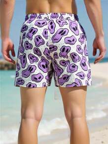 Manfinity Swimmode 男士卡通笑脸抽绳腰带口袋休闲沙滩短裤 - 紫色 - 查看 4