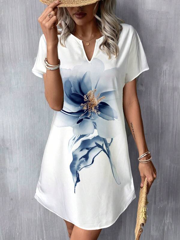 SHEIN LUNE Casual Minimal Women's Large Floral V-Neck Woven Short Dress, Suitable For Spring & Summer