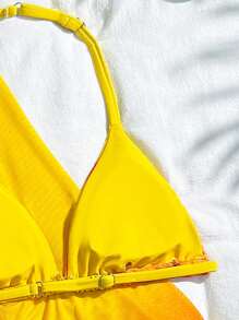 4pcs Tween Girls Floral Print Halter Bikini Set Set With Long Sleeve Top And Ruffle Skirt - Yellow - View 6