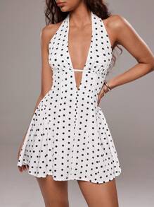 TRNVIE Women's Sexy Polka Dot Print Open Back Halter Mini Dress, Summer - White - View 6