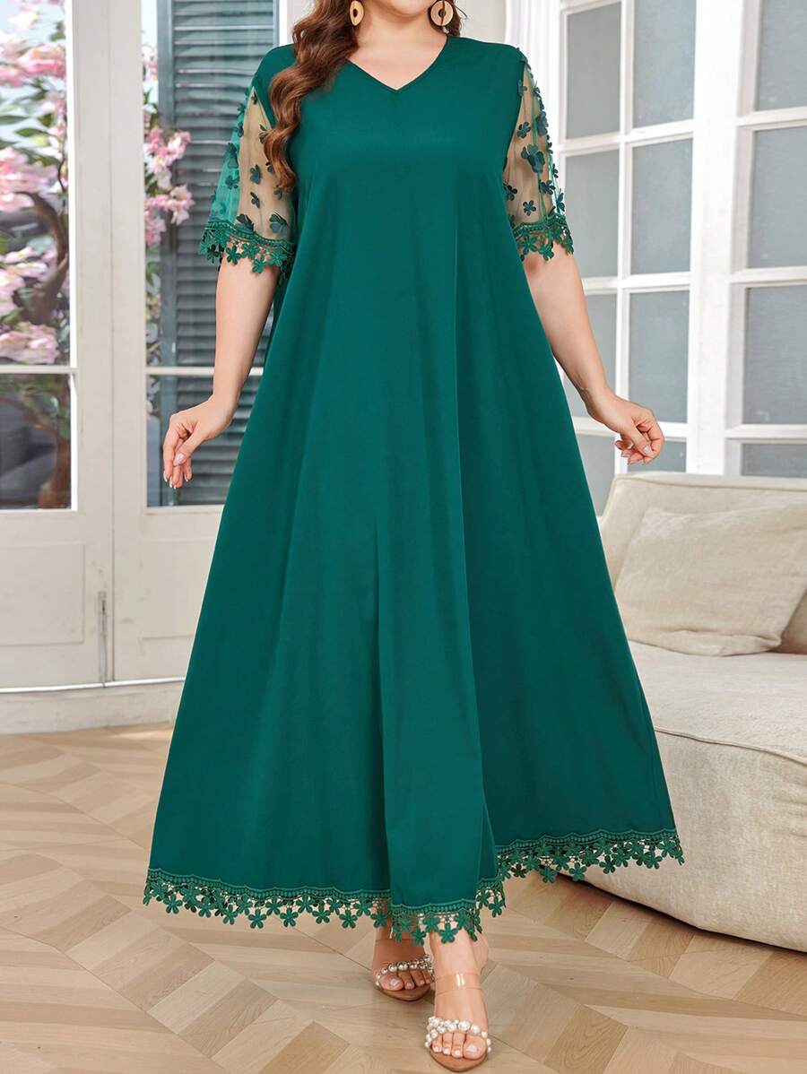 Lacomfia Váy ren kiểu Ả Rập tay ngắn màu trơn cỡ lớn - Màu xanh lá cây đậm - Xem 1