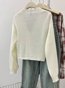 SHEIN Teen Girls' Solid V-Neck Cropped Casual Loose Drop Shoulder Long Sleeve Cardigan Sweater, Autumn Fall Winter - White - View 2