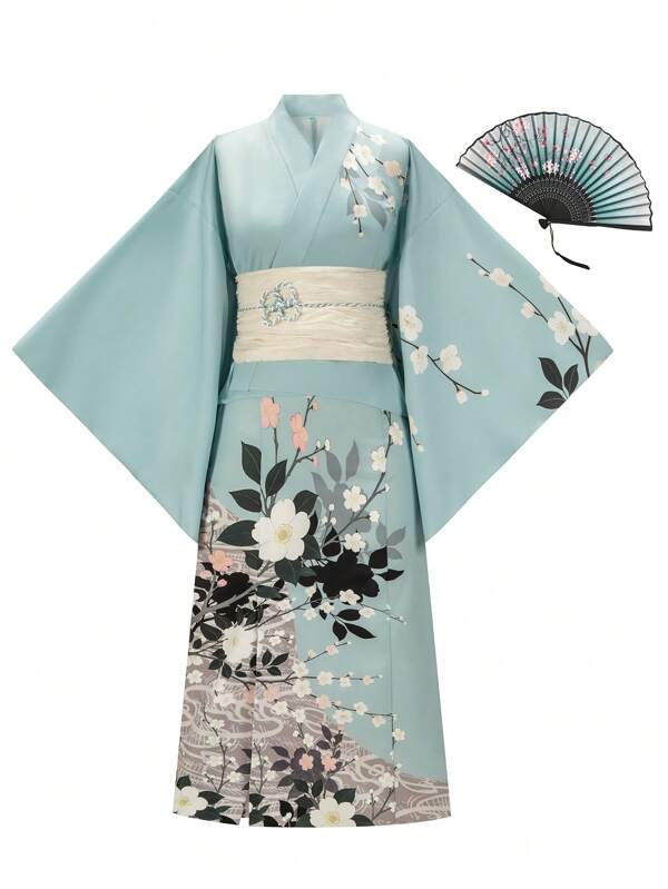 Irokai Japanese Women Traditional Print Kimono Yukata Pajamas, Summer Festival Japanese Women's Traditional Floral Print Green Yukata Bowknot Yukata (Modified Japan Style Kimono Robe), Easy Wearing