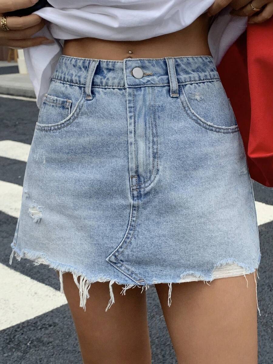 DAZY Women's Summer Frayed Hem Skirt, Casual Street Style Denim Mini Skirt,Back To School Clothes Jeans Skirt - Light Wash - View 1