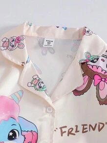 Bộ đồ ngủ cardigan và quần short vải lụa giả in hình quái vật cho bé gái tuổi mới lớn, đồ ngủ chống cháy Kawaii, đồ ngủ hoạt hình thời trang trở lại trường - Nhiều màu - Xem 5