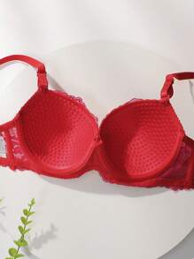 Esselle 花朵蕾絲鋼圈內衣和三角褲內衣套裝 - 紅色 - 查看 4