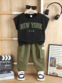 SHEIN 2 件套年轻男童休闲宽松无袖印花上衣和抽绳裤套装，百搭服装 - 彩色 - 查看 6