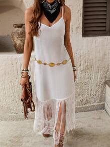 SHEIN LUNE Women's Vacation Casual Fringed Hem Spaghetti Strap Dress - White - View 1