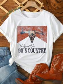 SHEIN LUNE Distressed Vintage Style Raised On 90s Country Tee Country Concert Shirt Western Cowgirl Style Sweatshirt Nashville Girls Trip Hoodie Plus Size Round Neck T-Shirt