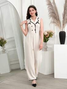 Mono elegante color caqui para mujer con cuello de solapa de blazer - Albaricoque - Ver 4