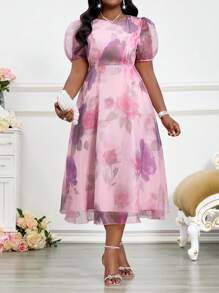 SHEIN Lady Vestido Body con contraste de cuello, manga globo y malla, de punto morado, elegante para oficina y uso diario, tallas grandes, vestidos elegantes de mujer, ropa de verano elegante, ropa de primavera
