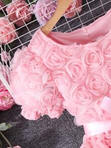 女童纯色泡泡袖3D花卉优雅连衣裙（配腰带），夏季 - 粉色 - 查看 6