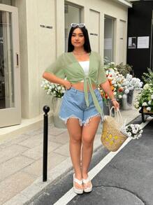 SHEIN EZwear 橄榄绿色透视大码女式短袖轻便夹克 - 橄欖綠 - 查看 5