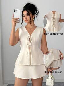 Elenzga Conjunto de 2 piezas de blusa elegante con moño y minifalda para mujer de talla grande, casual, de negocios, de vacaciones, vestidos de mujer, ropa de verano para mujer de talla grande, ropa formal para mujer, conjuntos blancos para mujer - Albaricoque - Ver 1