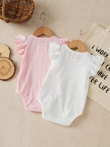 Newborn Baby Girl Summer Simple Cute Solid Color Elastic Knitted Snap Crotch Bodysuit 2pcs Set - Multicolor - View 2