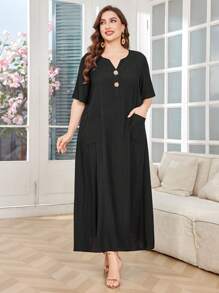 Lacomfia Women's Plus Size Rose Gold Button Pocket Loose Short Sleeve Casual Dress - Black - View 3