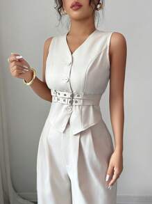Modelyn 2pcs/Set Women Sleeveless Vest And Skinny Pants Suit - Apricot - View 1