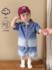 Tenue décontractée pour tout-petits garçons, 2 pièces : chemise en denim lavé doux et short assortis. Style mode mode de rue ample pour les vacances d'été