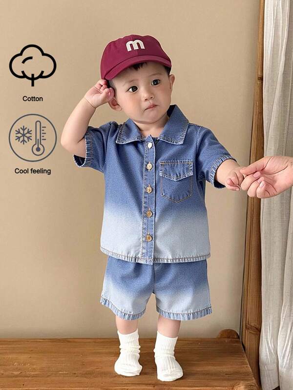 Tenue décontractée pour tout-petits garçons, 2 pièces : chemise en denim lavé doux et short assortis. Style mode mode de rue ample pour les vacances d'été