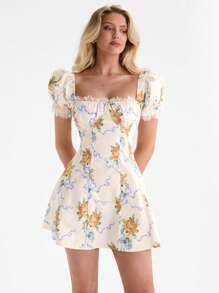 Glamine Women's Romantic Date Sexy Princess Style Floral Printed Tulle Dress Women Summer Clothing Woman S Summer Clothes Women Short Dresses Summer Women S Clothes Women Summer Sets Butter Yellow