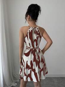 Elenzga 女式黑白印花优雅无袖挂脖连衣裙 - 酒紅色 - 查看 2