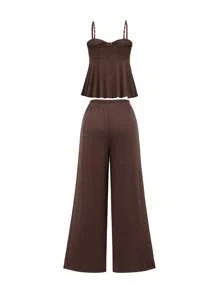 Gloray 女士金属外壳装饰吊带背心和裤子度假休闲套装，春夏 - 咖啡棕 - 查看 8