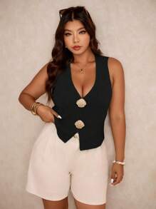 Elaquor 大码女式金属贝壳装饰V领时尚上衣，商务休闲女装，外出上衣，复古富贵风格女装