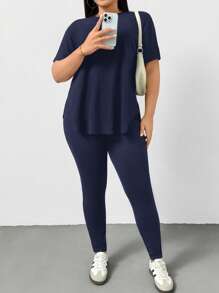 SHEIN Essnce Plus Size Women's Spring And Summer Fashion Casual Sports Comfortable Basic Versatile Slimming Daily Black Short-Sleeved T-Shirt And Leggings Two Pieces Set,Pants Set,Street Wear,Airport Outfits,Summer Outfits For Women,Going Out Outfits,Y2k Clothes,Minimalist Style,Church Clothes For Women