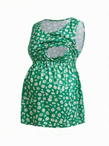 SHEIN Maternity Breastfeeding Crew Neck Sleeveless Elastic Waist Casual 2 Pieces Set, Summer - Green - View 9
