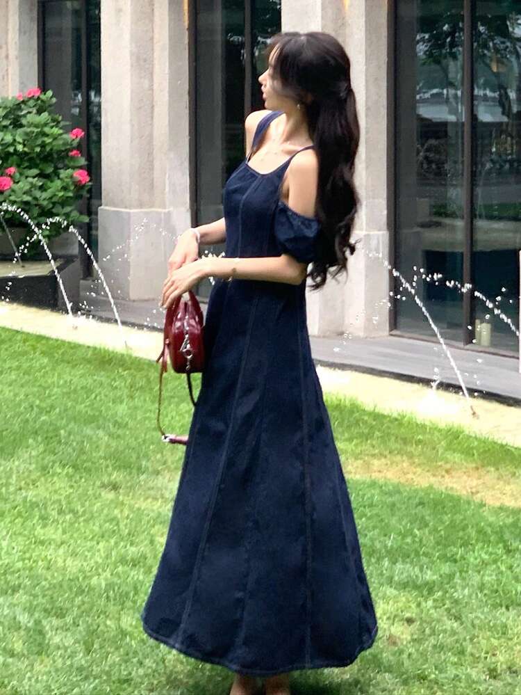 Women's Square Neck Off Shoulder Puff Sleeve A-Line Casual Elegant Long Denim Dress For Summer Dress