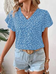 EMERY ROSE Women's V-Neck Casual Heart Print Ruffle Short Sleeve Blouse, Summer - Multicolor - View 5