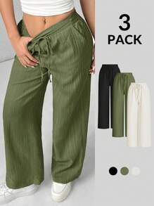 SHEIN PETITE 女款三件套纹理阔腿裤 黑色+白色+绿色 - 彩色 - 查看 1