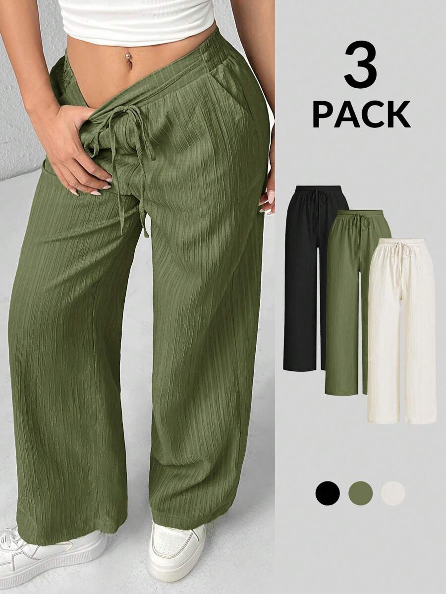 SHEIN PETITE 女款三件套纹理阔腿裤 黑色+白色+绿色 - 彩色 - 查看 1