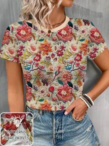 成熟花卉印花女式舒适圆领短袖 T 恤