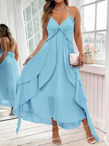 SHEIN Clasi Plus Size Women Elegant French Style Ruffle Backless Spaghetti Strap Dress, Pink - Baby Blue - View 4