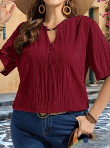 EMERY ROSE 加大码夏季纯色缺角领落肩中袖纹理面料休闲衬衫，女教师款 - 酒紅色 - 查看 4