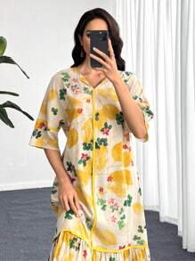Lacomfia 女式 V 领 3/4 袖宽松荷叶边下摆花卉印花连衣裙，度假风格 - 黃色 - 查看 4