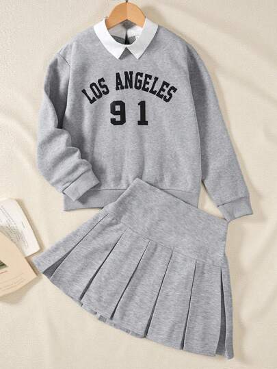 SHEIN 2 peças/conjunto Tween Girl estilo universitário americano camisa de colarinho com estampa de letras em inglês e saia plissada, conjunto de moletom casual