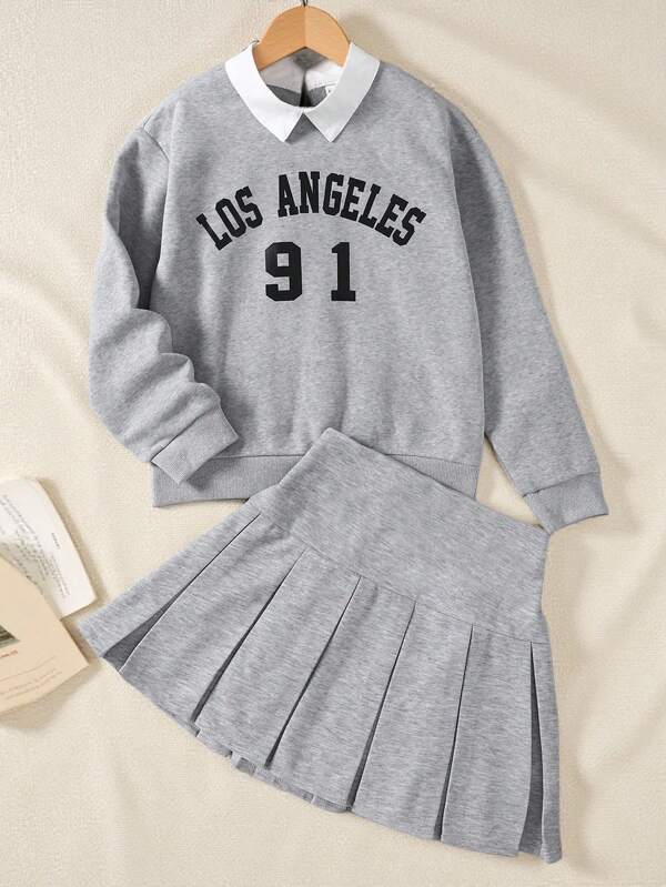 SHEIN 2pcs/Set Tween Girl American College Style Collared Shirt With English Letter Print & Pleated Skirt, Casual Sweatshirt Set