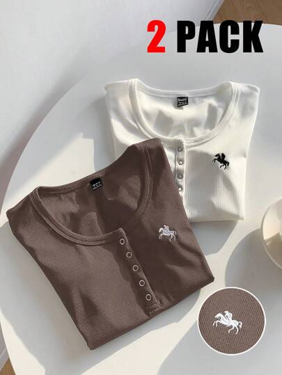 Comfortcana 2pcs/Set Summer Solid Henley Neck Embroidered Slim Fit Short Sleeve T-Shirt