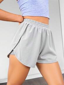 SHEIN Leap Crew Quần short dệt kim màu trơn dành cho nữ tuổi teen có quần short tích hợp, quần short thể thao thường ngày, quần short màu xám, quần short tập gym cho nữ, quần short thoải mái cho nữ, quần short thể thao, quần short tập luyện - Xám - Xem 8