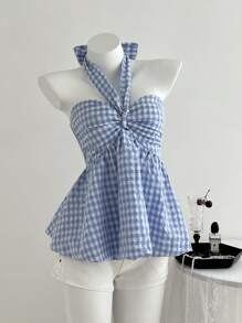 Elamini Spring/Summer Blue Plaid Ruched Cropped Tie Front Camisole - Blue - View 3