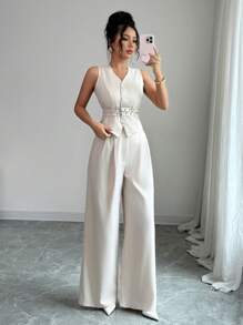 Modelyn 2pcs/Set Women Sleeveless Vest And Skinny Pants Suit - Apricot - View 6