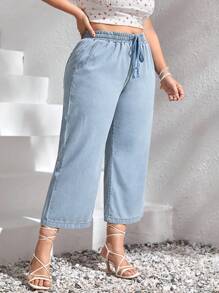SHEIN CURVE+ Plus Size Women Autumn Drawstring Waist Jeans - Light Wash - View 5