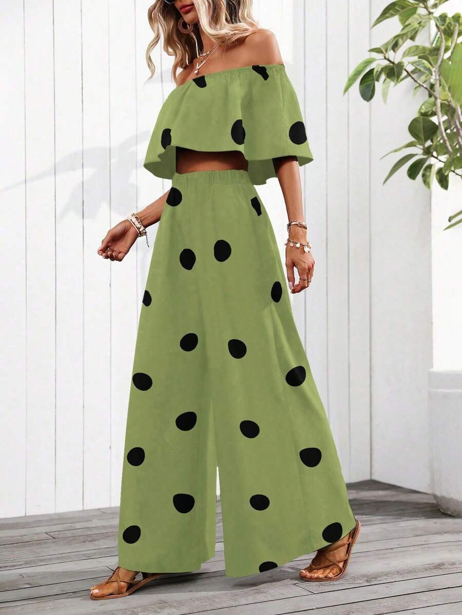 SHEIN PETITE Women's Summer New Off Shoulder Ruffle Hem Jumpsuit (Asymmetrical Floral Print) - Green - View 1