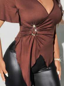 Viva Relle 大码 V 领金属装饰休闲系带修身度假 T 恤，夏季 - 棕色 - 查看 6