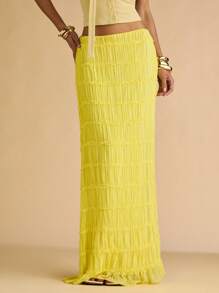 SHEIN BAE 夏季女款黄色纹理褶皱半身裙 - 黃色 - 查看 3