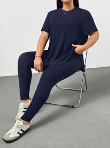 SHEIN Essnce Plus Size Women's Spring And Summer Fashion Casual Sports Comfortable Basic Versatile Slimming Daily Black Short-Sleeved T-Shirt And Leggings Two Pieces Set,Pants Set,Street Wear,Airport Outfits,Summer Outfits For Women,Going Out Outfits,Y2k Clothes,Minimalist Style,Church Clothes For Women